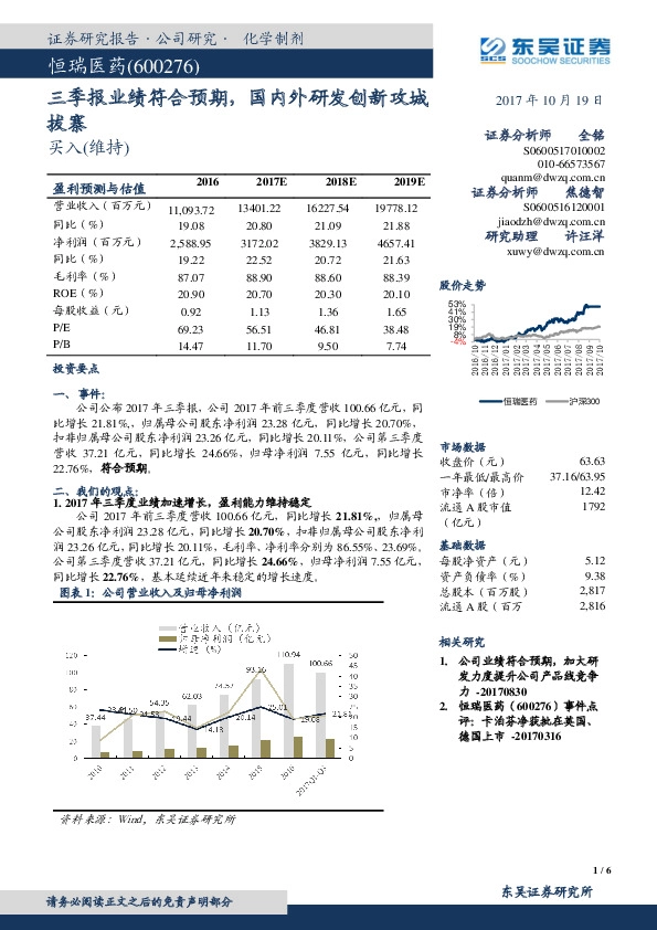 三季报业绩符合预期，国内外研发创新攻城拔寨