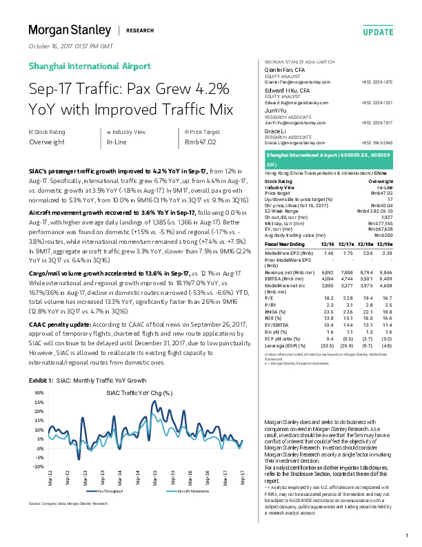 Sep-17 Traffic: Pax Grew 4.2% YoY with Improved Traffic Mix