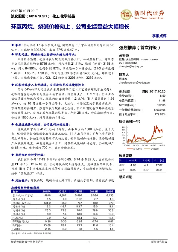 环氧丙烷、烧碱价格向上，公司业绩受益大幅增长