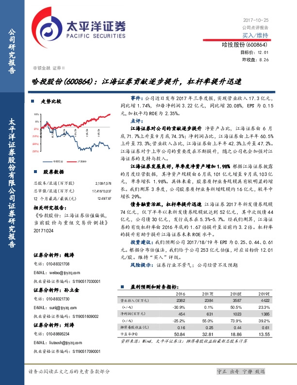 江海证券贡献逐步提升，杠杆率提升迅速