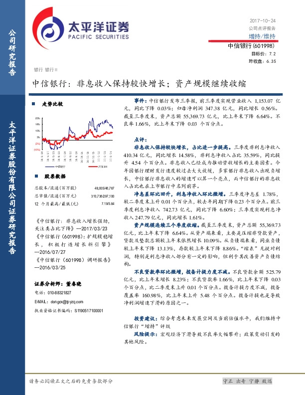 中信银行：非息收入保持较快增长；资产规模继续收缩