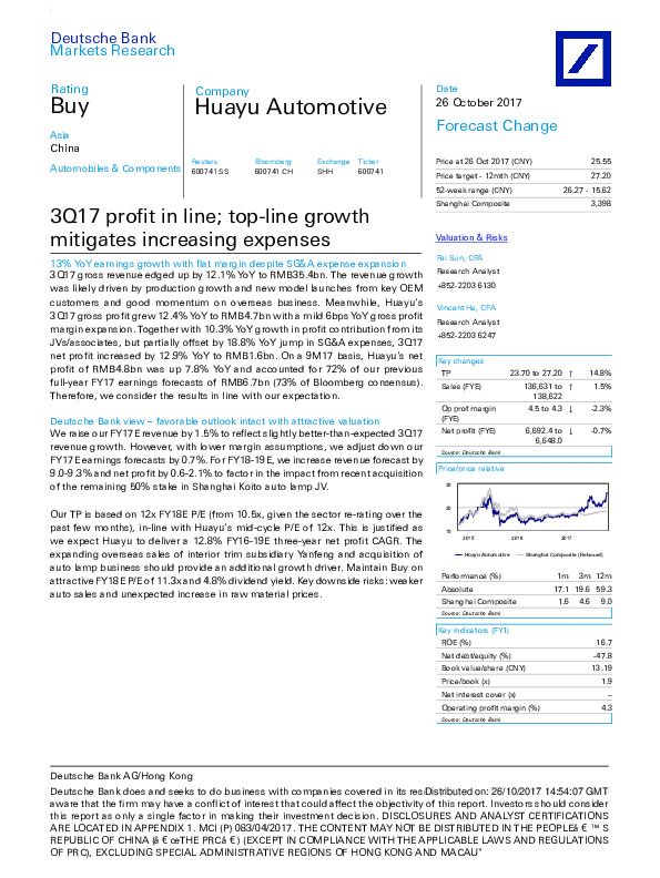 3Q17 profit in line; top-line growth mitigates increasing expenses