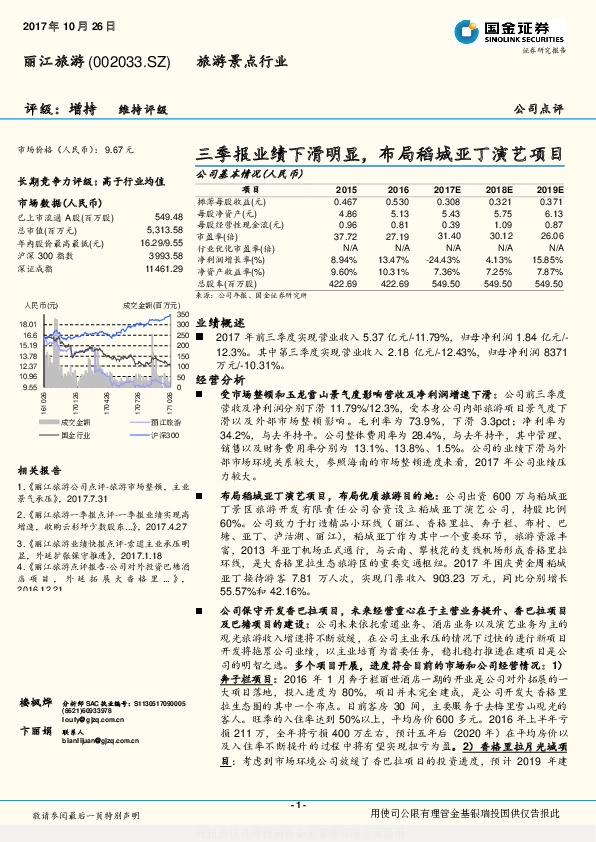 三季报业绩下滑明显，布局稻城亚丁演艺项目