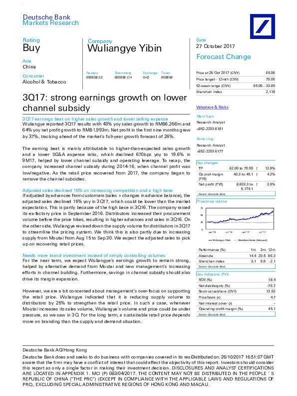 3Q17: strong earnings growth on lower channel subsidy