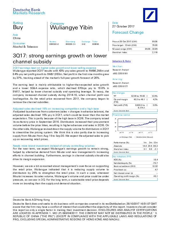 3Q17: strong earnings growth on lower channel subsidy
