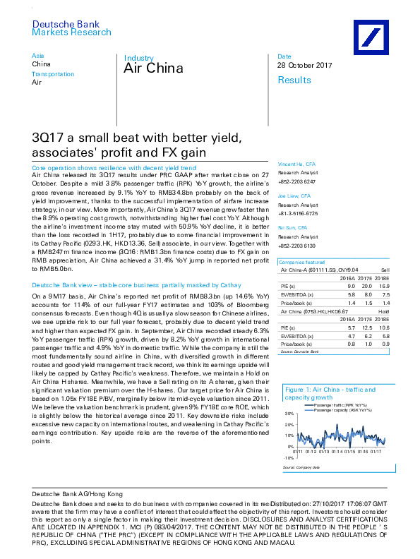 3Q17 a small beat with better yield,associates' profit and FX gain