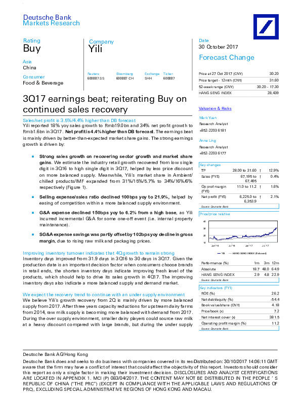 3Q17 earnings beat; reiterating Buy on continued sales recovery