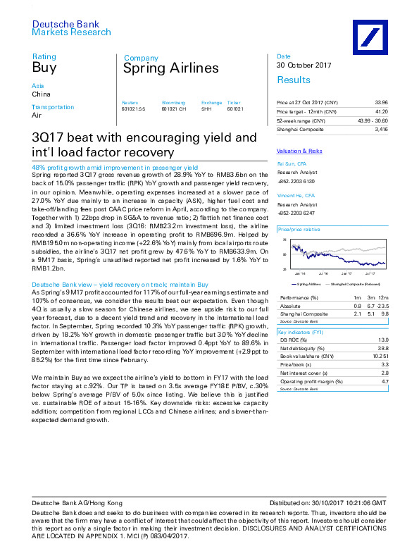3Q17 beat with encouraging yield and int'l load factor recovery