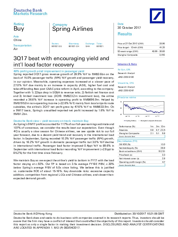 3Q17 beat with encouraging yield and int'l load factor recovery