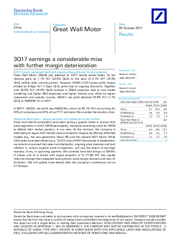 3Q17 earnings a considerable miss with further margin deterioration