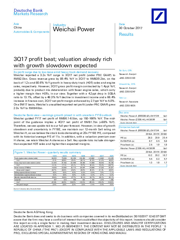 3Q17 profit beat; valuation already rich with growth slowdown expected