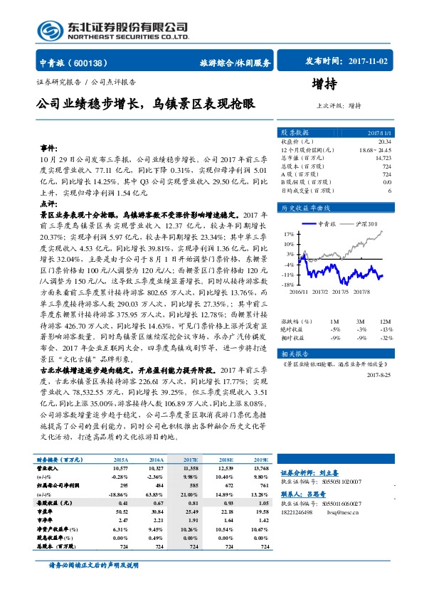 公司业绩稳步增长,乌镇景区表现抢眼