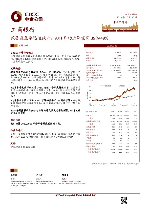 拨备覆盖率迅速提升，A/H目标上涨空间39%/48%