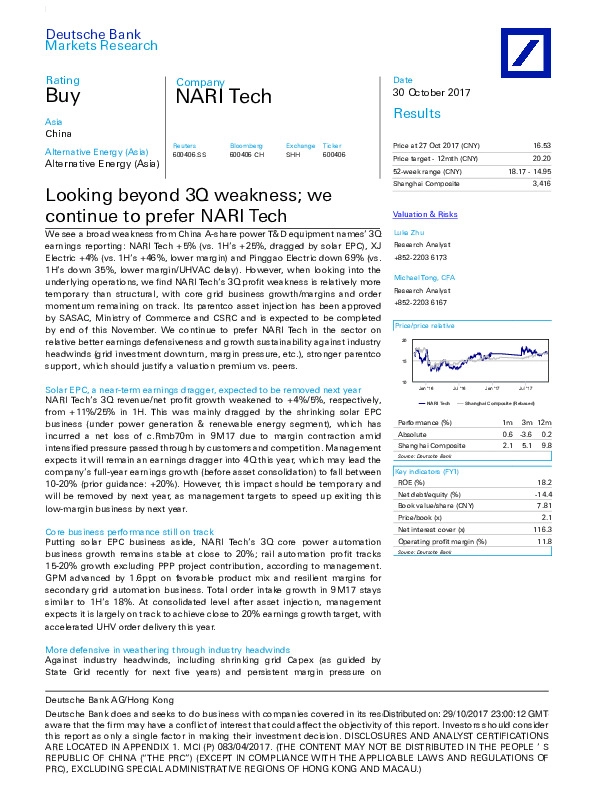 Looking beyond 3Q weakness; we continue to prefer NARI Tech
