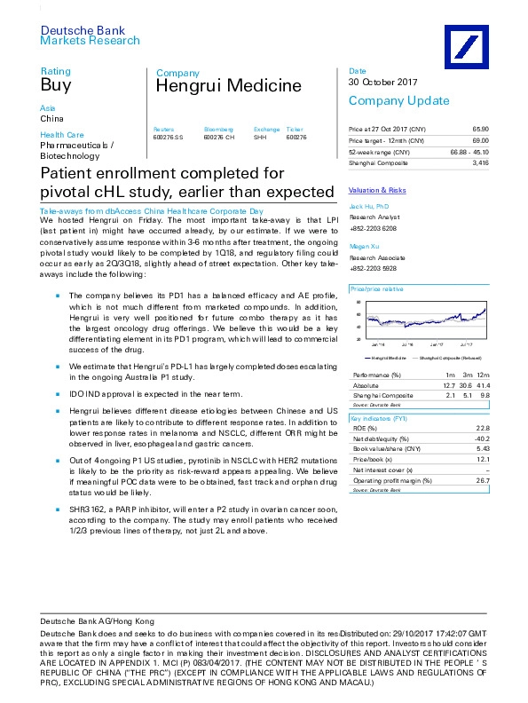 Patient enrollment completed for pivotal cHL study, earlier than expected