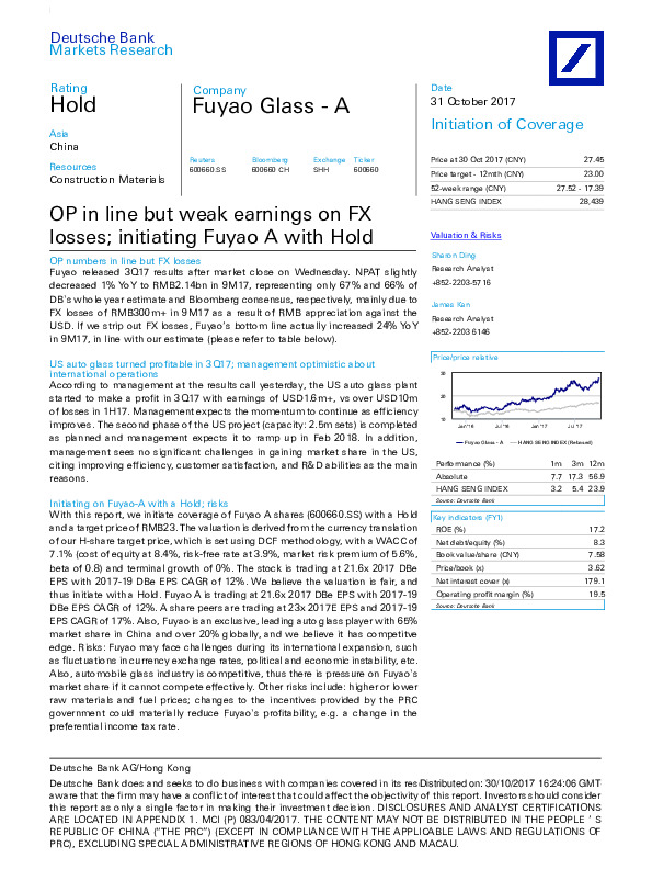 OP in line but weak earnings on FX losses; initiating Fuyao A with Hold