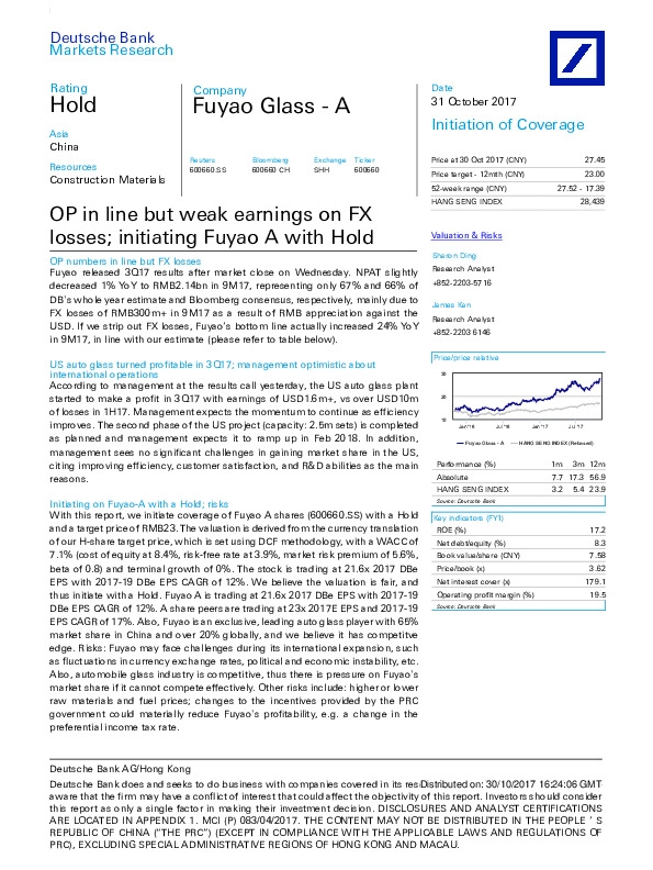 OP in line but weak earnings on FX losses; initiating Fuyao A with Hold