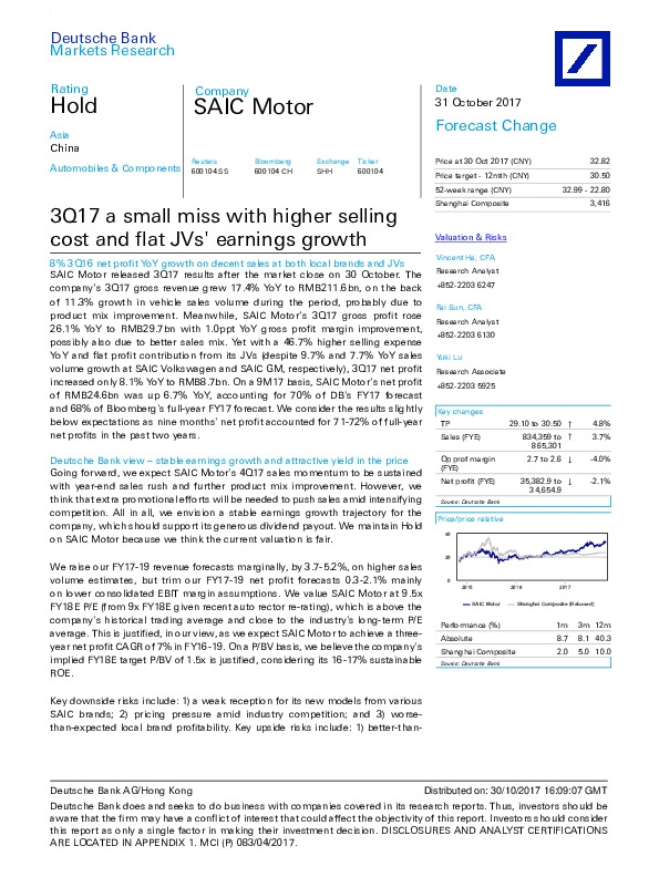 3Q17 a small miss with higher selling cost and flat JVs' earnings growth