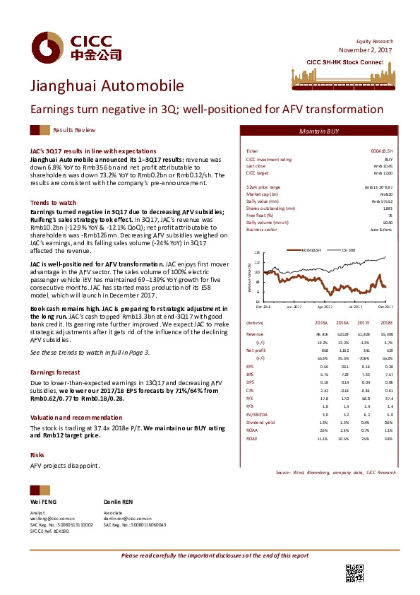 Earnings turn negative in 3Q; well-positioned for AFV transformation