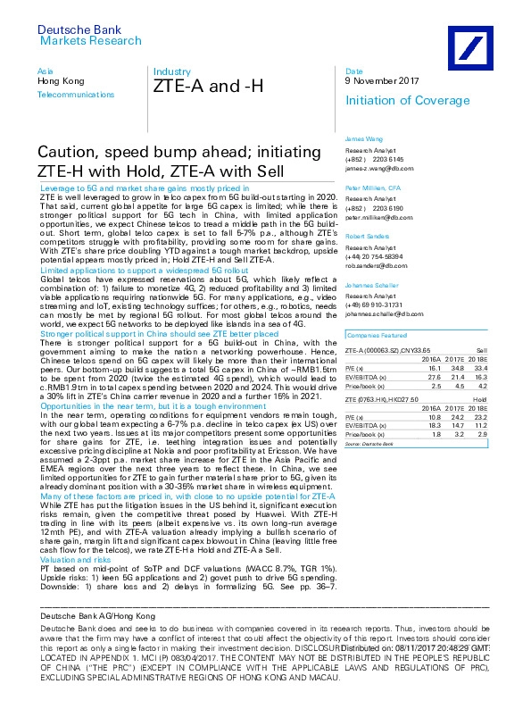 Caution, speed bump ahead; initiating ZTE-H with Hold, ZTE-A with Sell