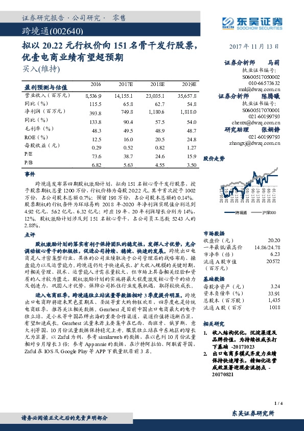 拟以20.22元行权价向151名骨干发行股票，优壹电商业绩有望超预期