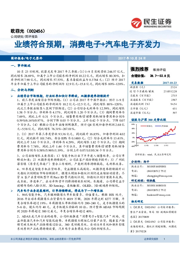 业绩符合预期，消费电子+汽车电子齐发力