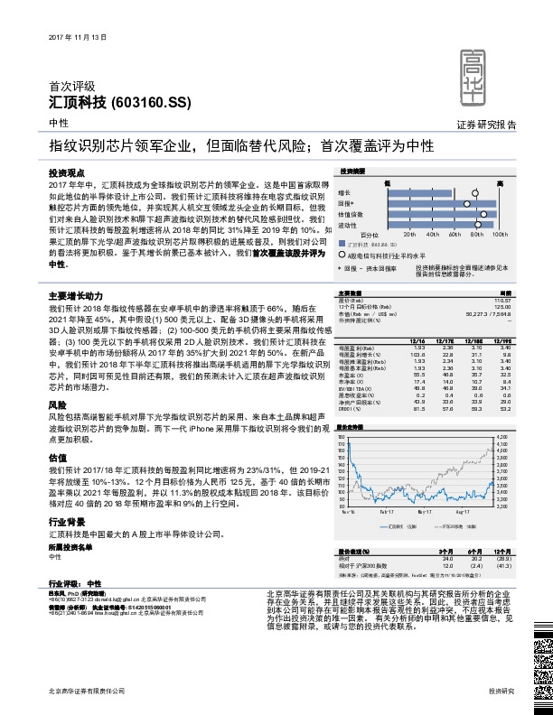 指纹识别芯片领军企业，但面临替代风险；首次覆盖评为中性