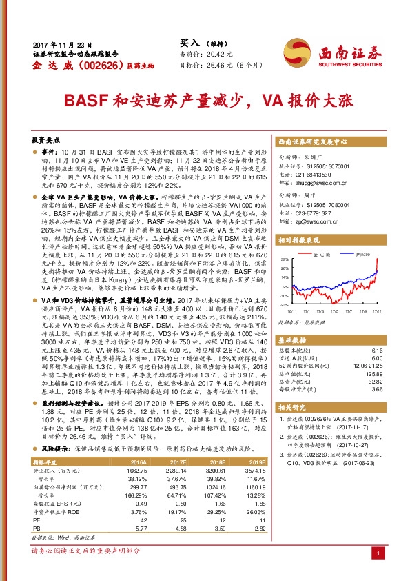 BASF和安迪苏产量减少，VA报价大涨