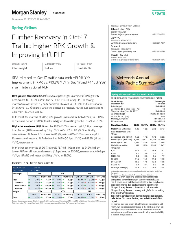 Further Recovery in Oct-17 Traffic: Higher RPK Growth &Improving Int’l PLF