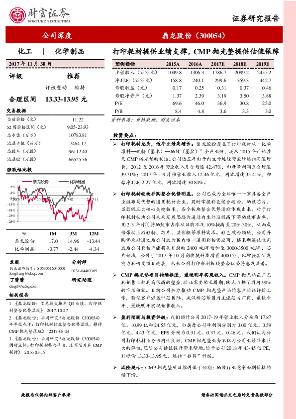打印耗材提供业绩支撑，CMP抛光垫提供估值保障