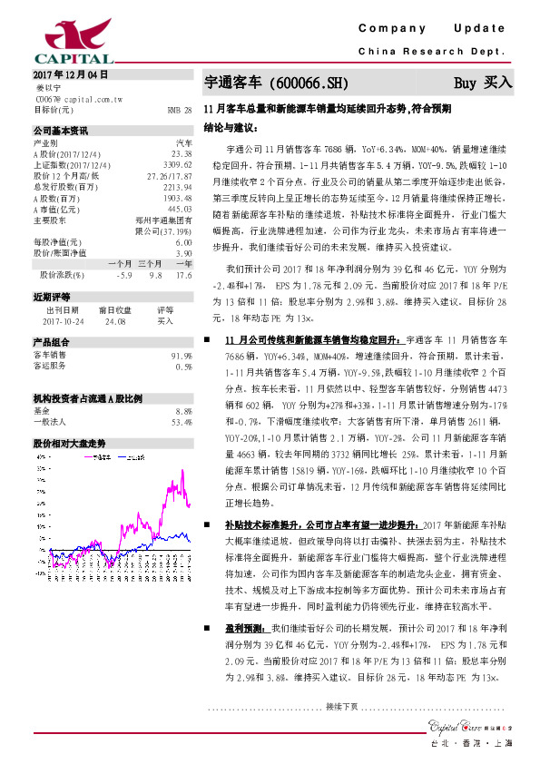 11月客车总量和新能源车销量均延续回升态势，符合预期