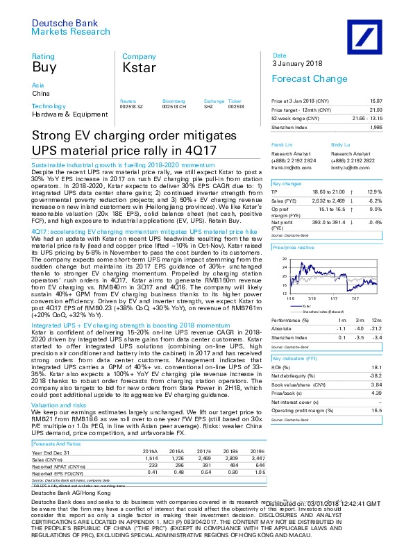Strong EV charging order mitigates UPS material price rally in 4Q17