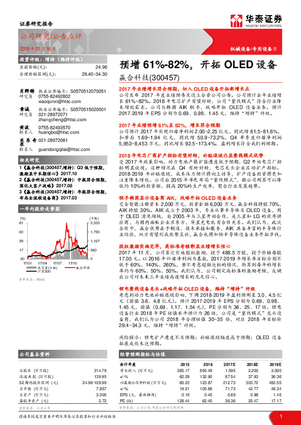 预增61%-82%，开拓OLED设备