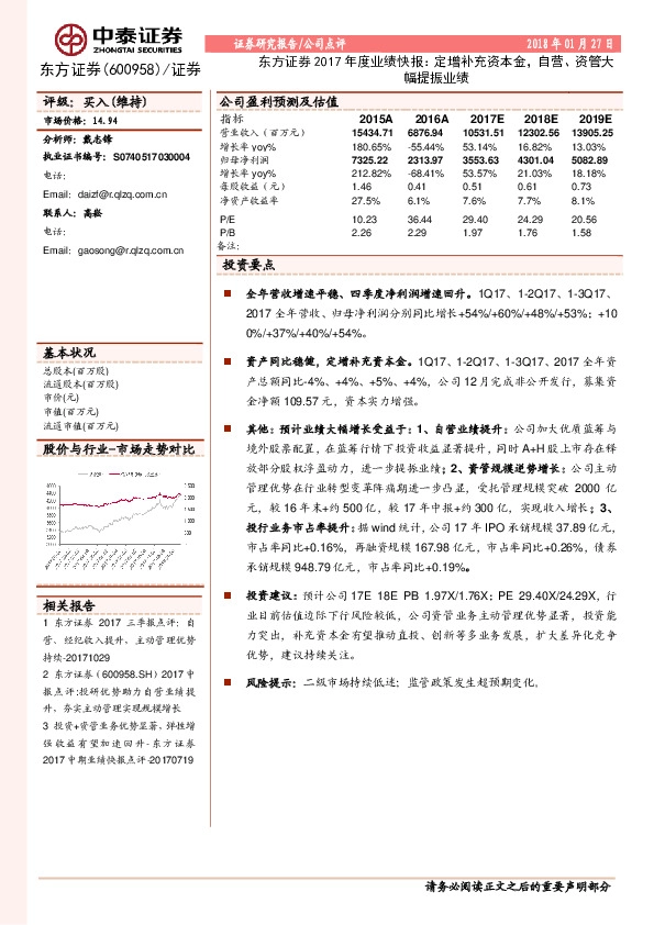 东方证券2017年度业绩快报：定增补充资本金，自营、资管大幅提振业绩