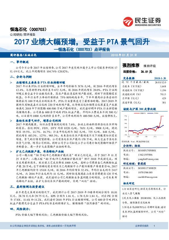 点评报告：2017业绩大幅预增，受益于PTA景气回升