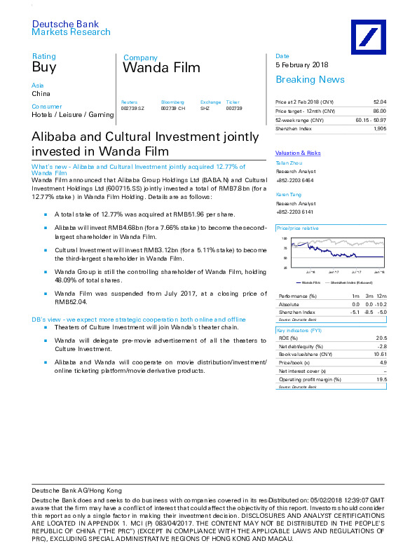 Alibaba and Cultural Investment jointly invested in Wanda Film