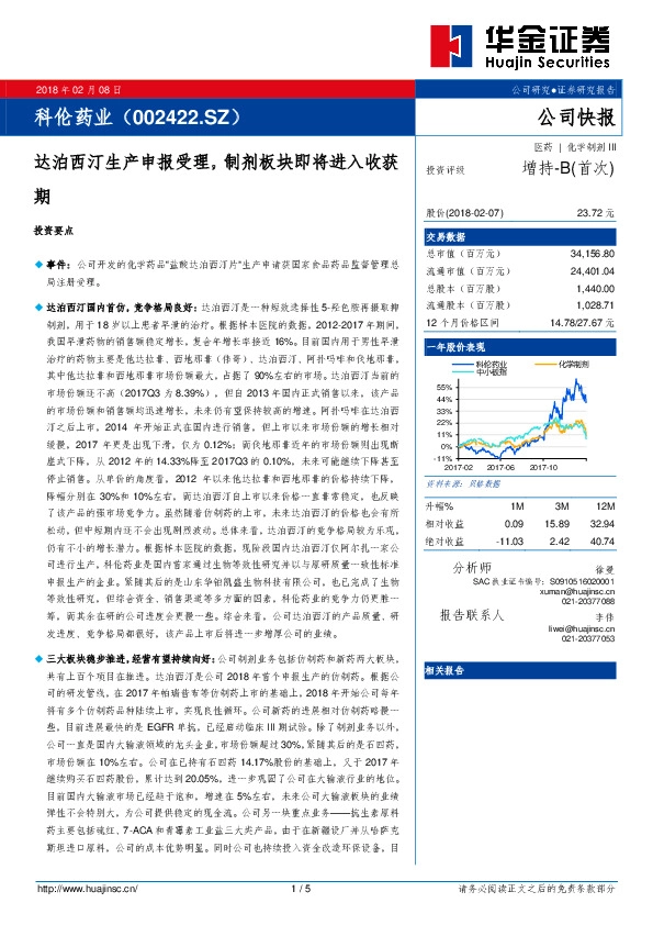 达泊西汀生产申报受理，制剂板块即将进入收获期