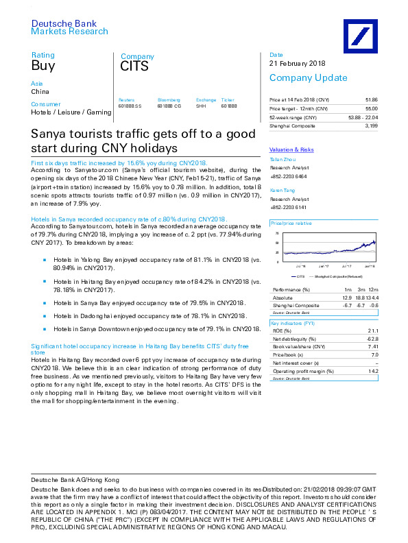 CITS(601888):SANYA TOURISTS TRAFFIC GETS OFF TO A GOOD START DURING CNY HOLIDAYS