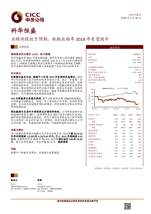 业绩快报低于预期，机柜出租率2018年有望提升