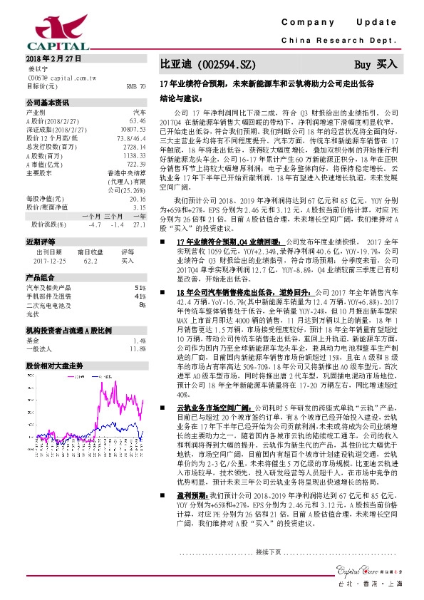 17年业绩符合预期，未来新能源车和云轨将助力公司走出低谷