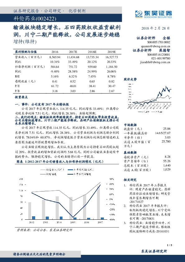 输液板块稳定增长，石四药股权收益贡献利润，川宁二期产能释放，公司发展逐步趋稳