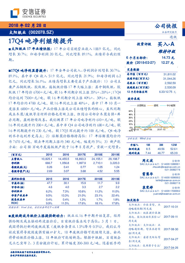 17Q4吨净利继续提升