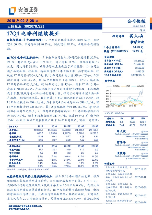 17Q4吨净利继续提升
