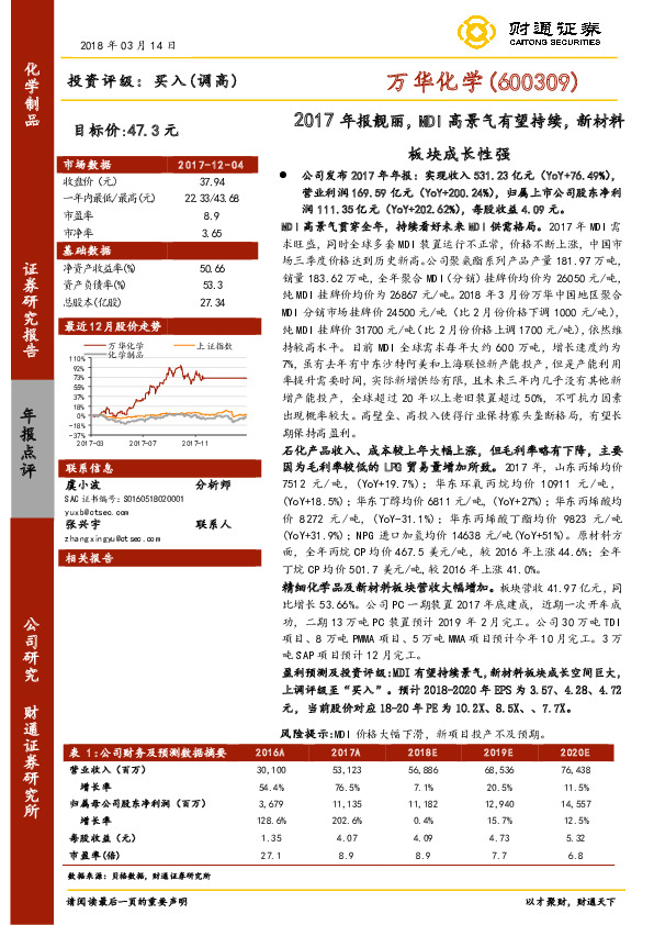2017年报靓丽，MDI高景气有望持续，新材料板块成长性强