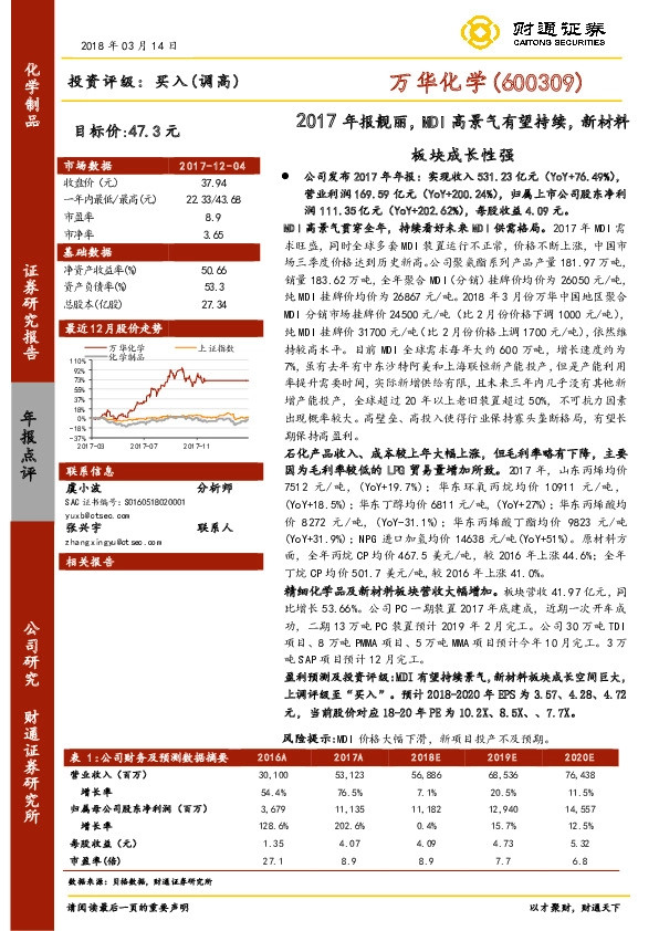 2017年报靓丽，MDI高景气有望持续，新材料板块成长性强