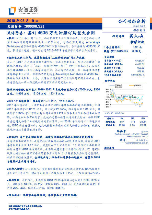 天海防务：签订4535万元油船订购重大合同
