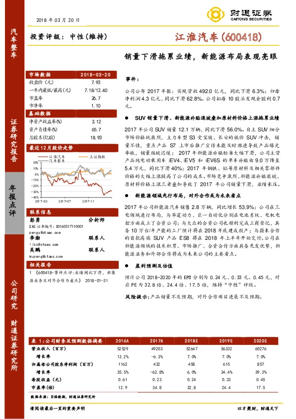 销量下滑拖累业绩，新能源布局表现亮眼
