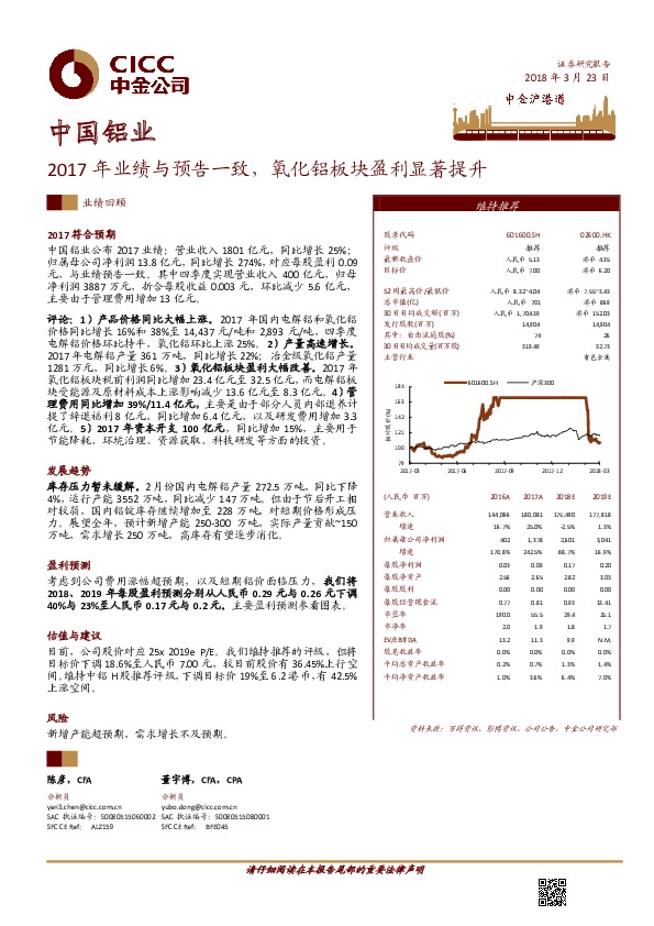 2017年业绩与预告一致，氧化铝板块盈利显著提升