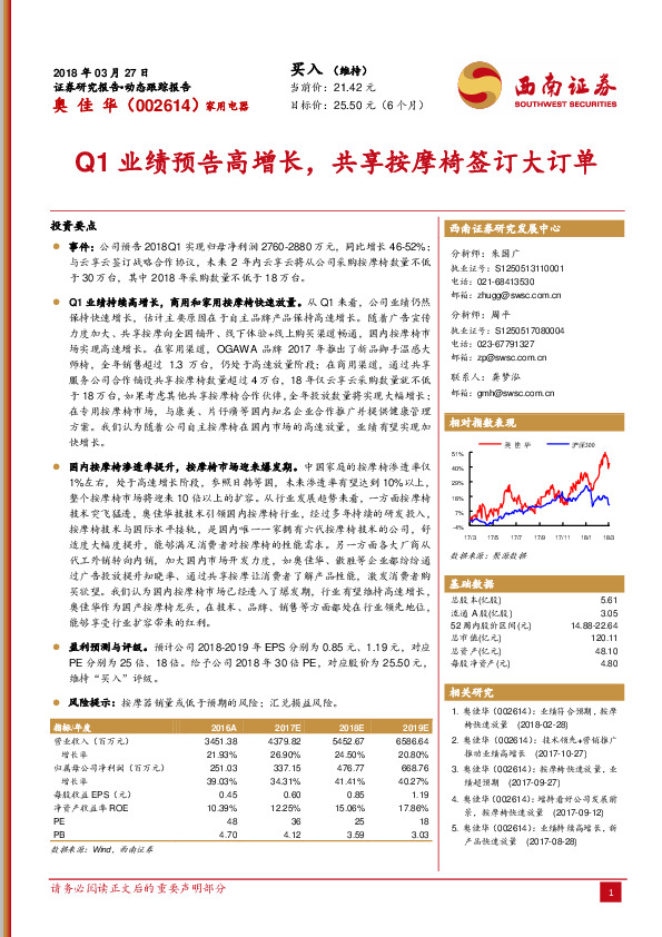 Q1业绩预告高增长，共享按摩椅签订大订单