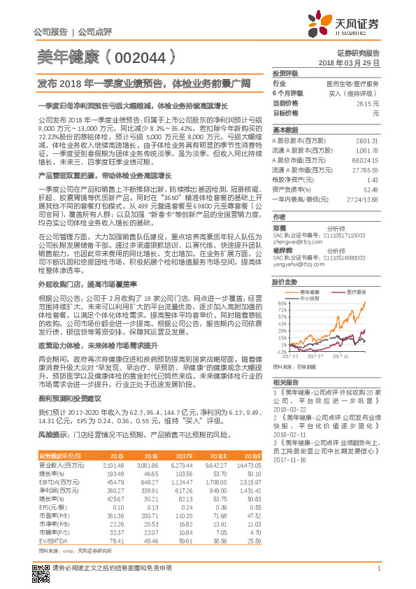 发布2018年一季度业绩预告，体检业务前景广阔